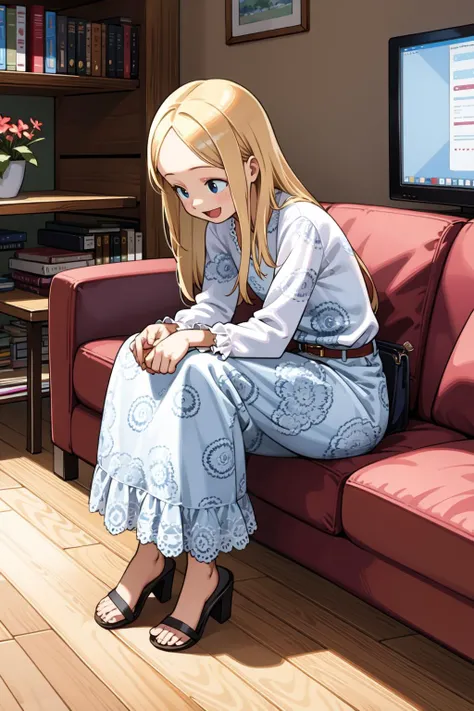 (best quality:1.4), amazing intricate, cute girl, round eyes, dropping eyes, small breasts, 
:d, platinum blonde hair, playing with her hair, livingroom, 
(looking away:1.2), 
long hair, straight hair, (parted bangs:1.2), from front, full body, 
Lace frilled shirt worn with a printed bohemian long skirt and kitten heels