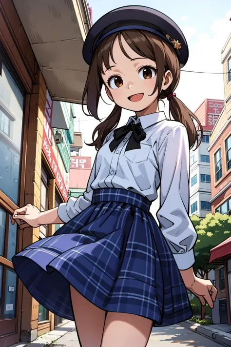 (best quality:1.4), amazing intricate, cute girl, brown eyes, round eyes, dropping eyes, small breasts, minor, 
:d, dark brown hair, low ponytails, bunny pose, mainstreet, 
(looking at viewer:1.2), (eyelash:1.1), 
long hair, straight hair, (swept bangs:1.2), (from front:1.3), cowboy shot, 
Plaid collared shirt tucked into a velvet flared skirt, styled with a beret hat and ankle boots.