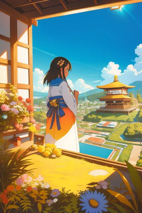 1girl, (designed by Elba Damast:1.1) , vibrant art, cute Pencil painting, cozy, landscape of a Bridal Substantive ([Bissau|Kinkaku-ji (Golden Pavilion) ]:1.3) in the distance there is a Sphinx, Bavarian vegetation and Earth in background, Clear skies, Hopeful, Astropunk, Cold Lighting, macro lens, triadic colors, cosmic energy, quantum wavetracing, Flickr, 64K, psychedelic