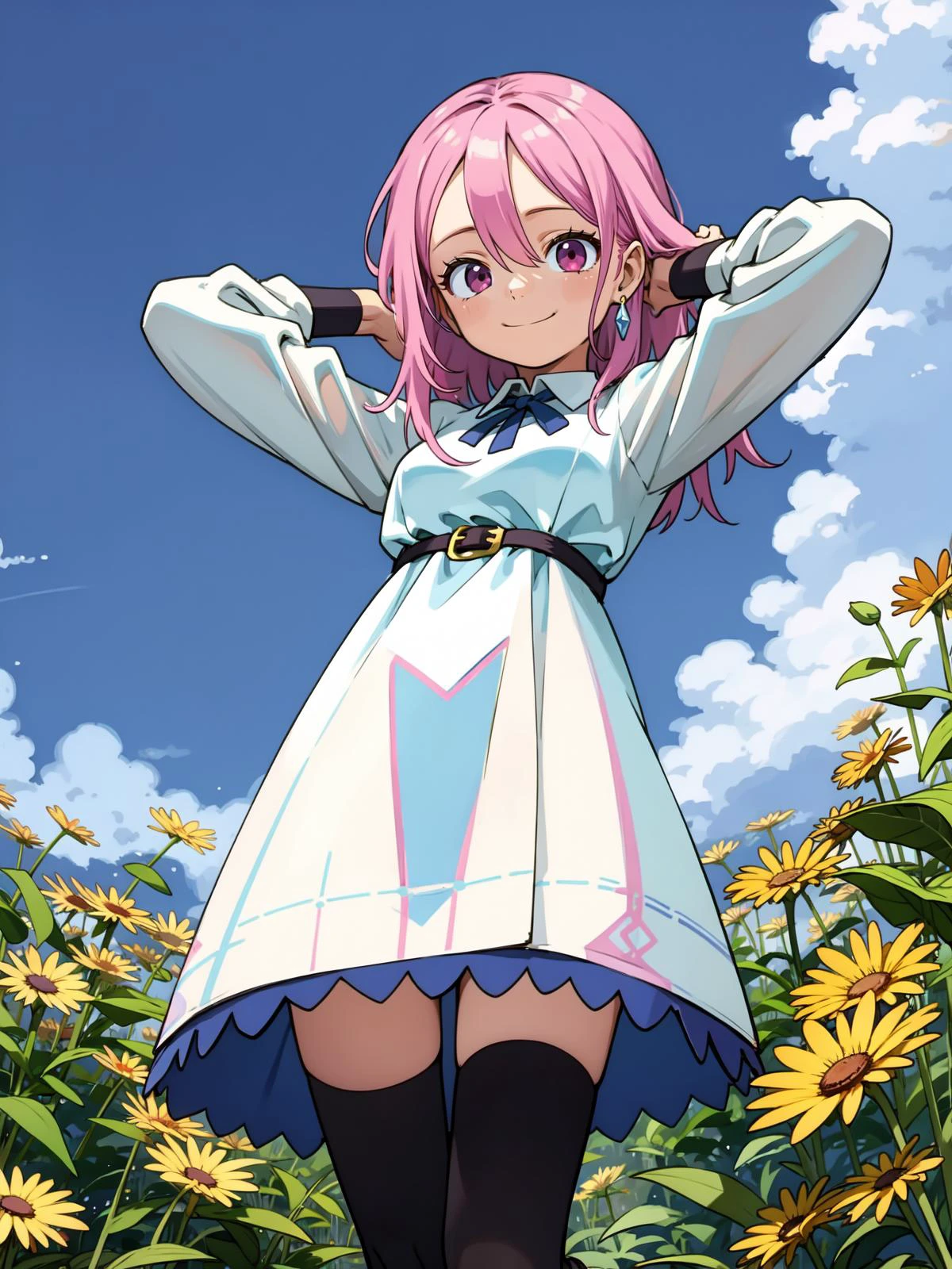 (best quality:1.4), amazing intricate, cute girl, pink eyes, round eyes, medium breasts, minor,
gentle smile, pink hair, arms behind head, grassland, flower,
(looking at viewer:1.2), (eyelash:1.3), beautiful face, jewely liked eyes,
long hair, straight hair, hair between eyes, from front, full body, from below,
white dress, collared one piece dress, long sleeves, zettai ryouiki, black legwear, leather boots, bluesky