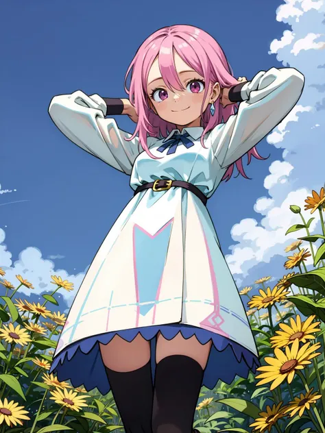 (best quality:1.4), amazing intricate, cute girl, pink eyes, round eyes, medium breasts, minor, 
gentle smile, pink hair, arms behind head, grassland, flower, 
(looking at viewer:1.2), (eyelash:1.3), beautiful face, jewely liked eyes, 
long hair, straight hair, hair between eyes, from front, full body, from below, 
white dress, collared one piece dress, long sleeves, zettai ryouiki, black legwear, leather boots, bluesky