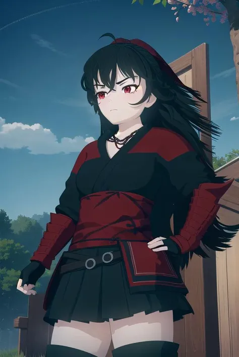 ravenbranwen, <lora:ravenbranwen-lora-nochekaiser:1>,
raven branwen, long hair, black hair, ponytail, hair ribbon, ribbon, (red eyes:1.2), ahoge,
BREAK thighhighs, japanese clothes, black thighhighs, fingerless gloves, armor, necklace,
BREAK outdoors, nature, forest, night, sky, moon,
BREAK looking at viewer, (cowboy shot:1.5),
BREAK <lyco:GoodHands-beta2:1>, (masterpiece:1.2), best quality, high resolution, unity 8k wallpaper, (illustration:0.8), (beautiful detailed eyes:1.6), extremely detailed face, perfect lighting, extremely detailed CG, (perfect hands, perfect anatomy),