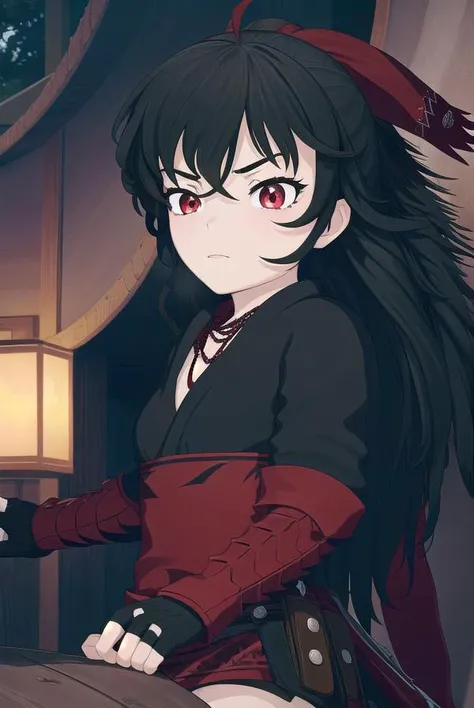ravenbranwen, <lora:ravenbranwen-lora-nochekaiser:1>,
raven branwen, long hair, black hair, ponytail, hair ribbon, ribbon, (red eyes:1.2), ahoge,
BREAK thighhighs, japanese clothes, black thighhighs, fingerless gloves, armor, necklace,
BREAK outdoors, nature, forest, night, sky, moon,
BREAK looking at viewer, (cowboy shot:1.5),
BREAK <lyco:GoodHands-beta2:1>, (masterpiece:1.2), best quality, high resolution, unity 8k wallpaper, (illustration:0.8), (beautiful detailed eyes:1.6), extremely detailed face, perfect lighting, extremely detailed CG, (perfect hands, perfect anatomy),