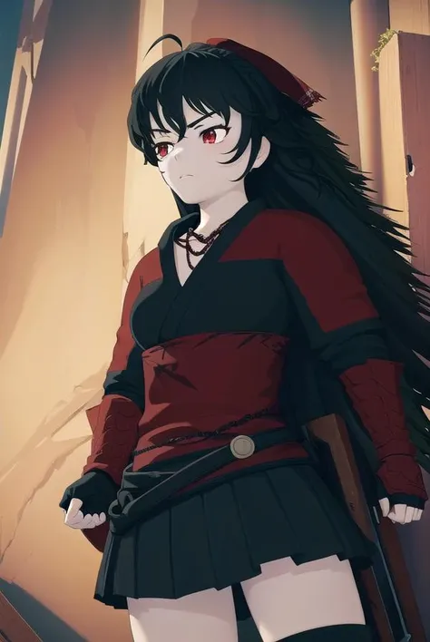 ravenbranwen, <lora:ravenbranwen-lora-nochekaiser:1>,
raven branwen, long hair, black hair, ponytail, hair ribbon, ribbon, (red eyes:1.2), ahoge,
BREAK thighhighs, japanese clothes, black thighhighs, fingerless gloves, armor, necklace, skirt, black skirt,
BREAK outdoors, nature, forest, night, sky, moon,
BREAK looking at viewer, (cowboy shot:1.5),
BREAK <lyco:GoodHands-beta2:1>, (masterpiece:1.2), best quality, high resolution, unity 8k wallpaper, (illustration:0.8), (beautiful detailed eyes:1.6), extremely detailed face, perfect lighting, extremely detailed CG, (perfect hands, perfect anatomy),