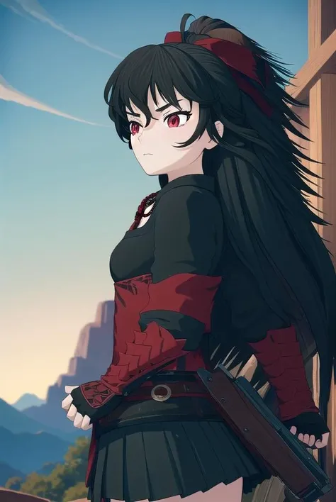 ravenbranwen, <lora:ravenbranwen-lora-nochekaiser:1>,
raven branwen, long hair, black hair, ponytail, hair ribbon, ribbon, (red eyes:1.2), ahoge,
BREAK thighhighs, japanese clothes, black thighhighs, fingerless gloves, armor, necklace, skirt, black skirt,
BREAK outdoors, nature, forest, night, sky, moon,
BREAK looking at viewer, (cowboy shot:1.5),
BREAK <lyco:GoodHands-beta2:1>, (masterpiece:1.2), best quality, high resolution, unity 8k wallpaper, (illustration:0.8), (beautiful detailed eyes:1.6), extremely detailed face, perfect lighting, extremely detailed CG, (perfect hands, perfect anatomy),