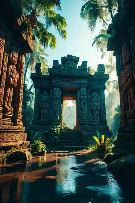 (((jungle ruins with mystical carvings))), volumetric lighting, vibrant colors, 4k epic detailed, shot on kodak, 35mm photo, sharp focus, high budget, cinemascope, moody, epic, gorgeous, film grain, grainy, low key photography, dramatic lighting, intense emotions, cinematic feel, mysterious ambiance, emphasizing shape and form, creating depth, evoking drama, storytelling through shadows, professional technique,professional lighting, imaginative concept, creative styling, otherworldly aesthetic, surreal visual, captivating narrative, intricate detail, fantastical landscape, editorial storytelling, professional lighting, creating visual impact, evoking emotion, pushing creative boundaries