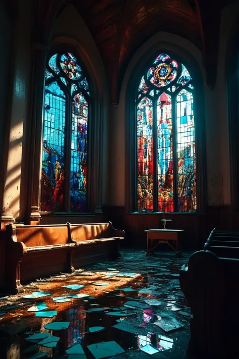 (((abandoned church with broken stained glass))), volumetric lighting, vibrant colors, 4k epic detailed, shot on kodak, 35mm photo, sharp focus, high budget, cinemascope, moody, epic, gorgeous, film grain, grainy, low key photography, dramatic lighting, intense emotions, cinematic feel, mysterious ambiance, emphasizing shape and form, creating depth, evoking drama, storytelling through shadows, professional technique,professional lighting, imaginative concept, creative styling, otherworldly aesthetic, surreal visual, captivating narrative, intricate detail, fantastical landscape, editorial storytelling, professional lighting, creating visual impact, evoking emotion, pushing creative boundaries