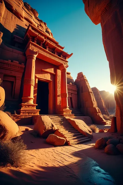 (((desert temple with magical artifacts))), volumetric lighting, vibrant colors, 4k epic detailed, shot on kodak, 35mm photo, sharp focus, high budget, cinemascope, moody, epic, gorgeous, film grain, grainy, low key photography, dramatic lighting, intense emotions, cinematic feel, mysterious ambiance, emphasizing shape and form, creating depth, evoking drama, storytelling through shadows, professional technique,professional lighting, imaginative concept, creative styling, otherworldly aesthetic, surreal visual, captivating narrative, intricate detail, fantastical landscape, editorial storytelling, professional lighting, creating visual impact, evoking emotion, pushing creative boundaries