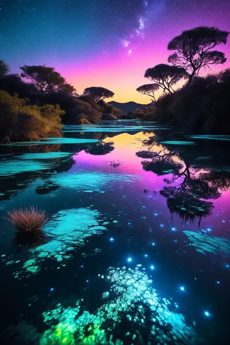 (((bioluminescent lagoon under a starry sky))), volumetric lighting, vibrant colors, 4k epic detailed, shot on kodak, 35mm photo, sharp focus, high budget, cinemascope, moody, epic, gorgeous, film grain, grainy, low key photography, dramatic lighting, intense emotions, cinematic feel, mysterious ambiance, emphasizing shape and form, creating depth, evoking drama, storytelling through shadows, professional technique,professional lighting, imaginative concept, creative styling, otherworldly aesthetic, surreal visual, captivating narrative, intricate detail, fantastical landscape, editorial storytelling, professional lighting, creating visual impact, evoking emotion, pushing creative boundaries