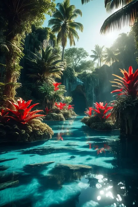 (((tropical island with enchanted lagoons))), volumetric lighting, vibrant colors, 4k epic detailed, shot on kodak, 35mm photo, sharp focus, high budget, cinemascope, moody, epic, gorgeous, film grain, grainy, low key photography, dramatic lighting, intense emotions, cinematic feel, mysterious ambiance, emphasizing shape and form, creating depth, evoking drama, storytelling through shadows, professional technique,professional lighting, imaginative concept, creative styling, otherworldly aesthetic, surreal visual, captivating narrative, intricate detail, fantastical landscape, editorial storytelling, professional lighting, creating visual impact, evoking emotion, pushing creative boundaries