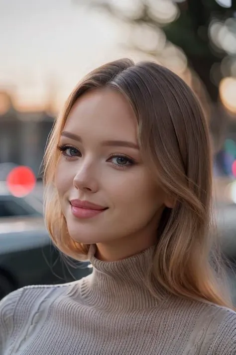 cinematic photo, extreme closeup shot <lora:t3ny3-09:1> t3ny3,looking at viewer, smile, head tilt, hand in own hair, turtle neck sweater, realistic, 35mm photograph, film, bokeh, professional, 4k, highly detailed