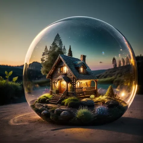 mini house, landscape, old fashion, nature, night light, a bubble, in the bubble, high detailed, masterpiece, best quality, <lora:Bubble_Sora:0.4>, (masterpiece,best quality:1.5)