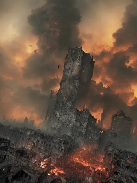 Image of the apocalypse, crumbling buildings, rubble, fire+, billowing smoke, people running+, fear+, overturned cars, epic realistic, hdr++, abandoned, neutral colors, night, screen space refractions, (intricate details)+, intricate details+, hyperdetailed+, artstation, cinematic shot, vignette, complex background, teal and orange, technicolor,