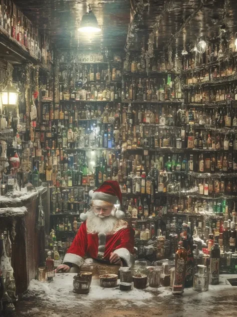 drunk, creepy santa, muddy, crowded bottles bar, intricate details, hdr, intricate details, hyperdetailed, cinematic, dark shot, muted colors, film grainy, soothing tones, muted colors, technicolor