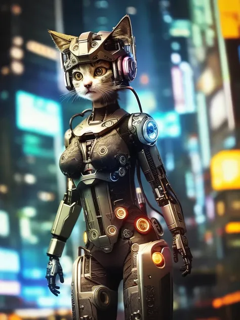 a cute kitten, curious++, cyborg+, cyberpunk style, (intricate details)++, hdr, (intricate details)+, (hyperdetailed)+, cinematic shot, vignette