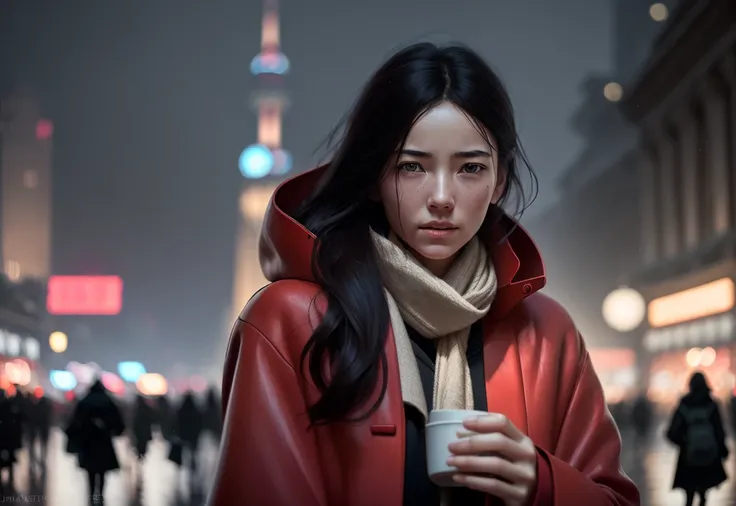 (8k, RAW photo, best quality, masterpiece:1.2), (realistic, photo-realistic:1.3),((a beatiful girl celebrate new year alone in shanghai square)),(light focus on her face),((red coat)),low-v black t-shirt ,  busy street as background, morning , deep depth of field,upper body, sharp-focus, volumetric lighting,intricate,elegant, highly detailed, sharp focus. 8k .by Ed Blinkey, Atey Ghailan, by Jeremy Mann, Greg Manchess, Antonio Moro, trending on ArtStation,  dramatic lights.