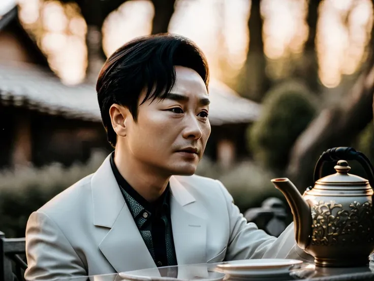 (8k, RAW photo, best quality, masterpiece:1.2), (realistic, photo-realistic:1.3) view from side, a chinese midage man,taste tea in countryside,luxury clothes,cool eyes,looking at viewer,tea cup,tea pot,
bamboo,lantern,porcelain, outdoor, half-body, detailed face, perfectly shaded, sunny,cloud in the sky, atmospheric lighting, deep depth of field,upper body, sharp-focus, volumetric lighting,intricate,elegant, sharp focus. <delta:lesileC.delta:0.7> lesileC, <lora:Gaoqiqiang_v10:0.9>