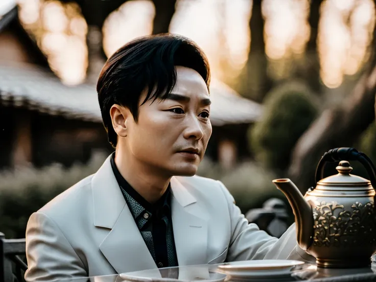 (8k, RAW photo, best quality, masterpiece:1.2), (realistic, photo-realistic:1.3) view from side, a chinese midage man,taste tea in countryside,luxury clothes,cool eyes,looking at viewer,tea cup,tea pot,
bamboo,lantern,porcelain, outdoor, half-body, detailed face, perfectly shaded, sunny,cloud in the sky, atmospheric lighting, deep depth of field,upper body, sharp-focus, volumetric lighting,intricate,elegant, sharp focus. <delta:lesileC.delta:0.7> lesileC, <lora:Gaoqiqiang_v10:0.9>