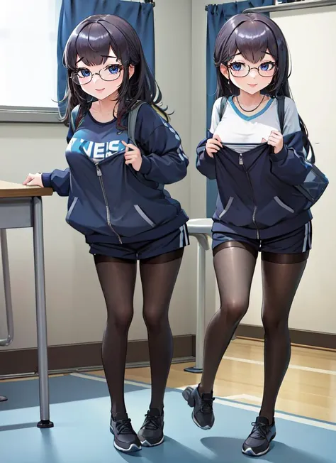 ((best quality)), ((highly detailed)), absurdres, (detailed eyes, deep eyes), (1girl), (glasses), different views, full body, ((stockings)), nerd, <lora:LoraRoundGlassesV1:.6>, round glasses, thick rimmed glasses, smile, (indoors, at a gymnasium), <lora:masamasa-richy-v1:1>