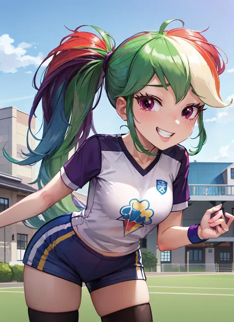 ((best quality)), ((highly detailed)), absurdres, extremely detailed face, beautiful face, (detailed eyes, deep eyes), (1girl), from the front, sexy position, ((thighhighs)), <lora:mlp_rainbowdash:1>, mlpdash, (rainbow hair), purple eyes, grin, jersey, sportswear, soccer uniform, shorts, soccer ball, ponytail, (outside, at a wild west town, midday), <lora:masamasa-richy-v1:1>