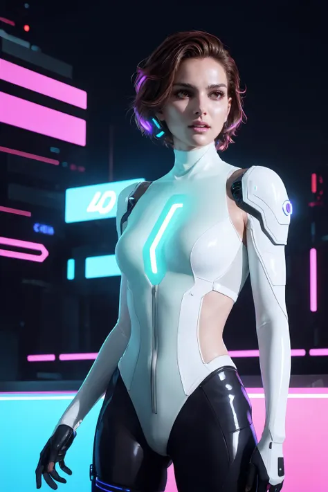 A woman in a futuristic suit standing in front of a neon background ...