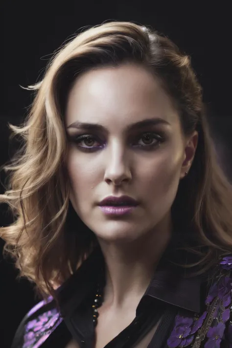 portrait photo of npm ,(black and dark purple shirt), (dirty blonde hair), alluring portrait, intricate, highly detailed, digital painting, artstation, concept art, naughty, sharp focus, cinematic lighting, illustration, art by artgerm and greg rutkowski, alphonse mucha, cgsociety,<lyco:NataliePortman-RealVision-V1.0:1.0>