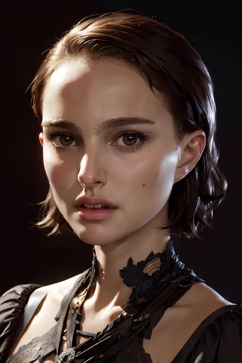 portrait photo of natalie portman, npm, short hair, brown hair, (black and dark purple shirt), (dirty blonde hair), alluring portrait, intricate, highly detailed, digital painting, artstation, concept art, naughty, sharp focus, cinematic lighting, illustration, art by artgerm and greg rutkowski, alphonse mucha, cgsociety, <lyco:NataliePortman-RealVision-V1.0:1.2>