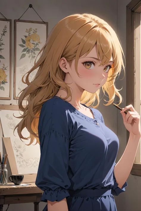 (((masterpiece))) , (((best quality))) , anime style, 2d, Mean slender appealing 1girl, solo, of Denim, Drawing a drawing, her hair is Blonde and styled as Beehive, key visual