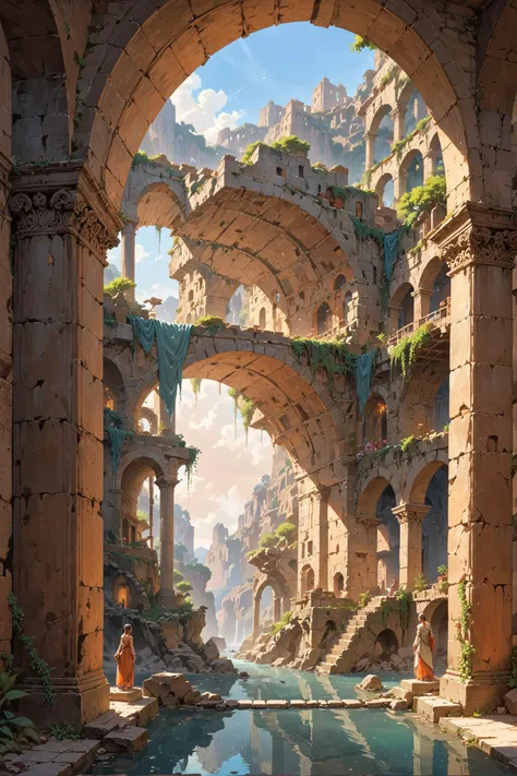 building, art by Hubert Robert and Paolo Soleri, architecture of a majestic, Liquid Colosseum, soft focus, architectural scenes, ruins, romanticism, neoclassical, picturesque landscapes, Arcology, visionary architecture, eco-friendly, cyber, sci fi