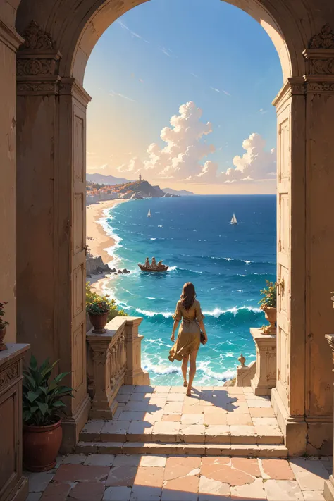 painting, ground level shot of a beautiful (seascape:1.2) , lush cityscape, designed by James Thomas Watts, Emil Carlsen, Realistic bronze sculptures, historical figures, magnificent, scene
