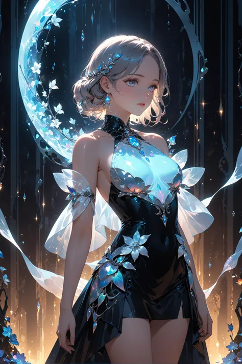 OpalPearl,A woman in an opal garden at twilight surrounded by swirling iridescent opals, holding a bioluminescent swirling opal glass with a drop of blood contrasting the gentle luminescence, Her attire a fusion of ancient elegance and futuristic fashion, a fusion of past and future, backdrop of dark elegant shadows created by dramatic modern lighting highlighting shimmering swirling opalescent glass   Enchanting sad fascinated gaze, opalescent biotechnology nature surreal landscape, theme of opal brilliance and neon vibrancy melancholic intersection of beauty technology ethereal   Highly detailed 8k cinematic photorealistic render, dramatic shadowing and cinematic depth of field bokeh, temporality concept mixed media