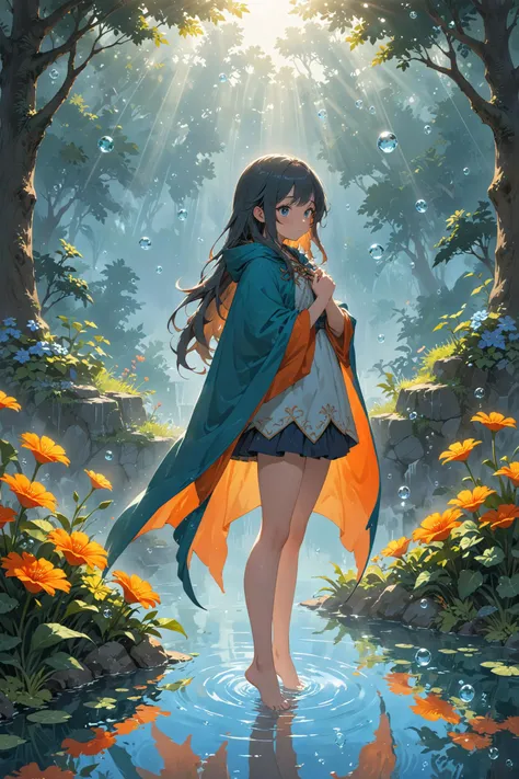 small centered composition, product shot, plain background, wallpaper art, in the center is an image of a The shimmering waters of a tranquil lake reflect the vibrant colors of the sky as the wind whips through the trees. In the distance, a group of colorful fish swim lazily, Royalcore, Vivid Colors, by Matthias Jung