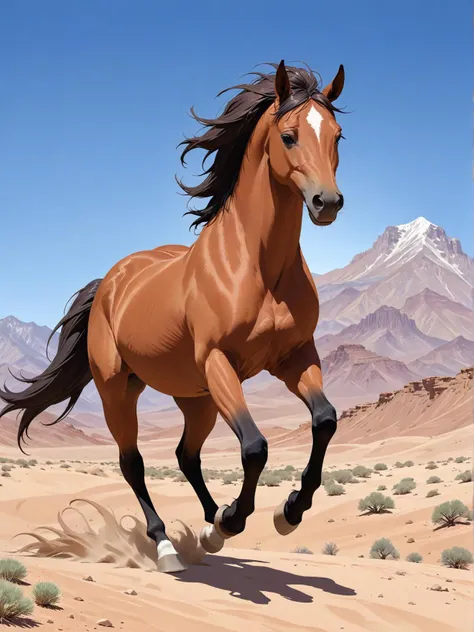 cult film style in the vast expanse of a desert, a majestic brown horse with black legs and a white blaze is captured in mid gallop. the horse's mane and tail are flowing in the wind as it races across the sandy landscape. the backdrop showcases an expansive mountain range under a clear blue sky, adding to the breathtaking scenery. the image captures the raw beauty of nature and the untamed spirit of the horse as it traverses the rugged terrain. . quirky characters, offbeat humor, niche audience appeal, unconventional storylines