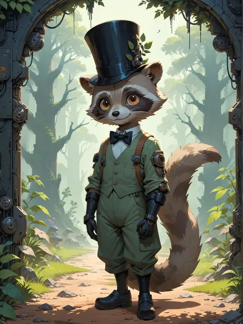 biomechanical cyberpunk in this vivid painting, a charming raccoon stands proudly on a dirt path. the raccoon, with its bushy tail and black bowtie, exudes an air of sophistication as it dons a tall top hat. it gazes at the viewer with its big eyes, creating a sense of connection between the observer and the subject. the lush greenery in the background adds a touch of serenity to the scene, complementing the playful character of the raccoon. the overall art style is reminiscent of impressionism, capturing the essence of the moment through bold colors and loose brushstrokes. . cybernetics, human machine fusion, dystopian, organic meets artificial, dark, intricate, highly detailed