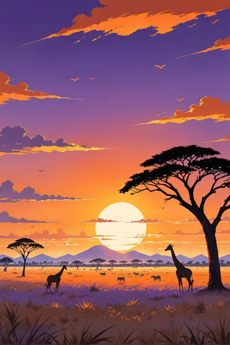 Create an illustration of the African savanna in all its glory, bathed in the warm hues of the setting sun, with the horizon painted in vivid oranges and purples.