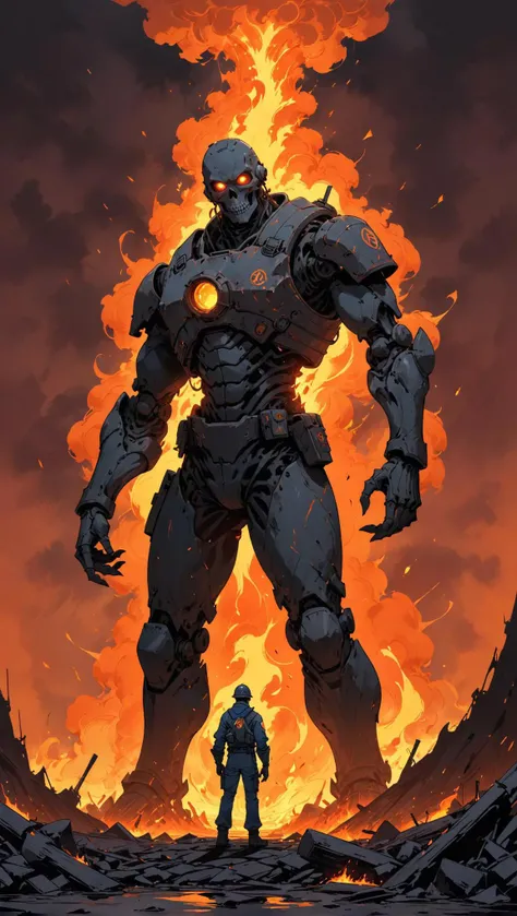 line art drawing the "pyroclastic warning" art piece depicts a 42 year old traffic technician, clad in flame resistant gear, standing amidst the fiery chaos of a refinery ravaged by climate change. amidst the blazing inferno, the technician's figure is eerily serene, their face illuminated by an ethereal glow emanating from the pyroclastic clouds. the artist employed traditional calligraphy brush strokes to convey the turmoil and devastation, imbuing the piece with a sense of urgency and desperation. the bold, expressive lines dance across the canvas, as if attempting to contain the unbridled ferocity of the flames. the fiery hues    oranges, yellows, and reds    are tempered by subtle touches of blue, evoking a sense of melancholy and foreboding. as the technician gazes out into the inferno, their eyes seem to hold a deep sadness, a recognition that the very world they once knew is now being consumed by the consequences of human neglect. the calligraphy brushwork adds an air of vulnerability to the piece, as if the artist's own hand is trembling with anxiety. in the background, the refinery's skeletal remains rise like a graveyard of industrial dreams, their rusty hulks twisted and contorted in agony. amidst this desolate landscape, the technician stands as a beacon of humanity, a testament to our resilience in the face of environmental catastrophe. the pyroclastic warning is a haunting reminder of our responsibility to act, lest we succumb to the very fires that now rage unchecked. . professional, sleek, modern, minimalist, graphic, line art, vector graphics