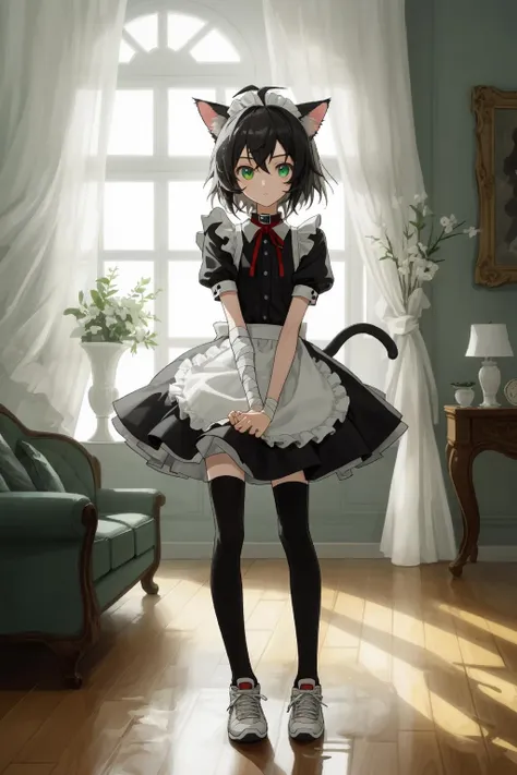 (masterpiece:1.4), 1girl, solo, mansion, noble mansion, luxurious, ((very skinny:1.1, very skinny legs:1.25, long legs)), (cat ears:1.3), ahoge, (black hair, green eyes), wind blowing hair, medium hair, maid headdress, maid outfit, cat collar, maid apron, full body, sneakers, black miniskirt, standing, Jordan shoes, hands_in_hair, standing next to window, black_thighhighs, black legwear, window, vase, sofa, red ribbon, bandaged arms