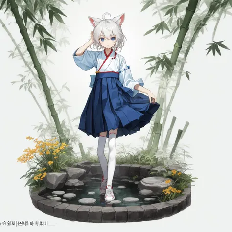 (masterpiece, album cover:1.3), 1girl, solo, Chinese painting style, zen garden, pond, bamboo, (kawaii, very cute, innocent, pure), ((very skinny:1.1, very skinny legs:1.25, long legs)), (fox ears:1.3), ahoge, (white hair), (bluie eyes), single braided hair, medium hair, wind blowing hair, white shirt, (hanbok:1.2), blue skirt, miniskirt, (midriff:0.2), flat chest, white thighhighs, white legwear, full body, standing, sneakers, hand in own hair