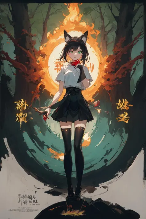 (masterpiece:1.3, movie poster:1.4, Japanese text:1.3), 1girl, solo, black hair, Shirakami Fubuki, medium hair, white shirt, (hanbok:0.2), black dress, bandaged arm, fox ears, black thighhighs, heterochromia, (green eyes:1.2), red eyeshadow, red eyeliner, full body, standing, ((very skinny:1.4)), park, trees, abstract symbols, shinto, divine, (torii), portal, miniskirt, portal to another world