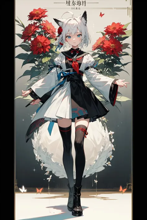 (masterpiece, manga cover:1.3, Japanese text:1.3), 1girl, solo, (beautiful eyes, hyper detailed), ((teenage, very skinny:1.3, very skinny legs)), flower hair ornament, red flower, butterfly on hair, fox ears, white hair, blue eyes, short hair, single braided hair, (Shirakami Fubuki:1.1), maid outfit, hanfu, black sash, huge sleeves, long sleeves, (red_flower) hair ornament, blue neckerchief, blue neck ribbon, black_boots, ahoge, white thighhighs, short sleeves, (black sleeves), hair clip, standing