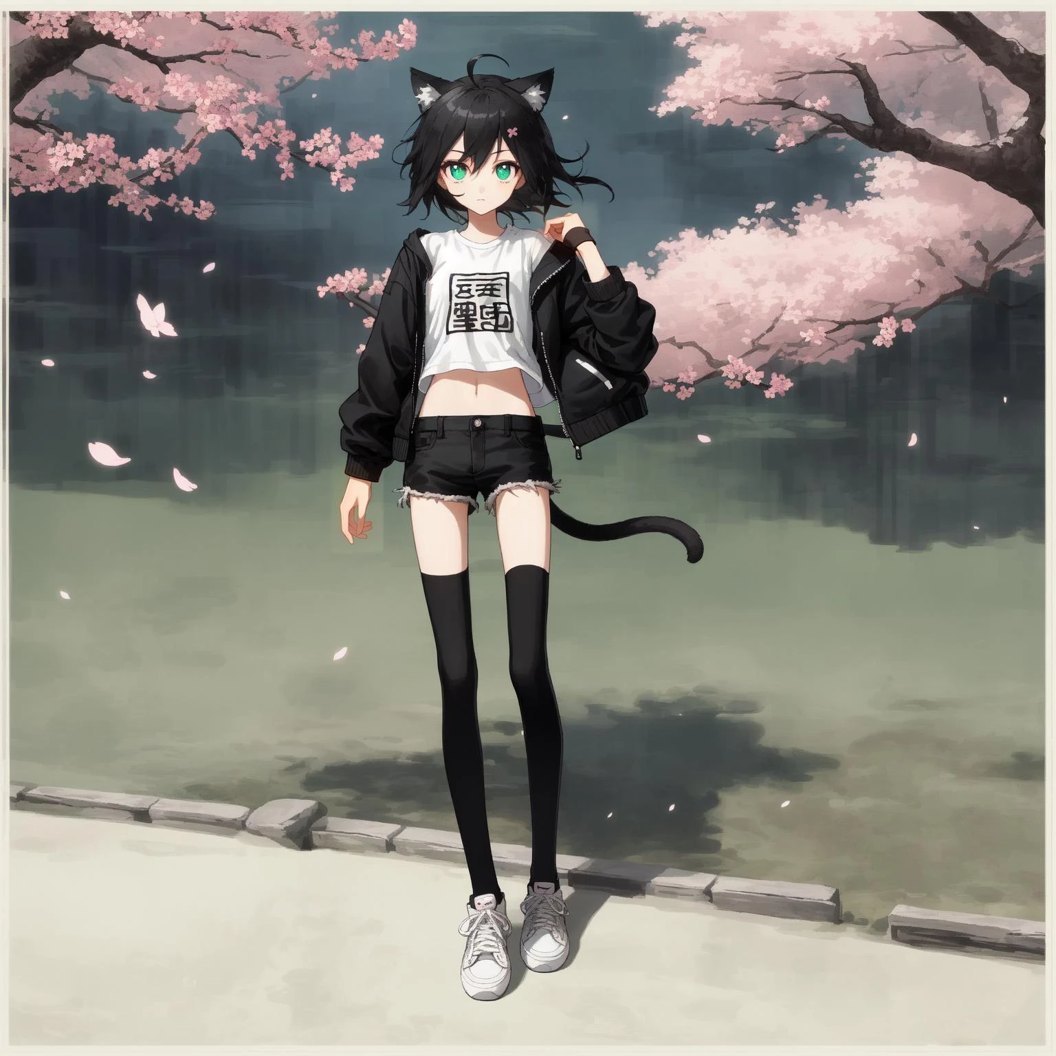 (masterpiece, album cover:1.3), 1girl, solo, Chinese painting style, cherry blossom background, Chinese garden, (beautiful eyes, cute style:1.5), ((age:1.3, very skinny, very skinny legs:1.25, long legs)), (cat ears:1.3), ahoge, (black hair), (green eyes), medium hair, wind blowing hair, black jacket, white shirt, t-shirt, open jacket, hood down, short shorts, midriff, short shorts, black shorts, flat chest, black thighhighs, black legwear, full body, standing, sneakers, hand in own hair, (black mask)