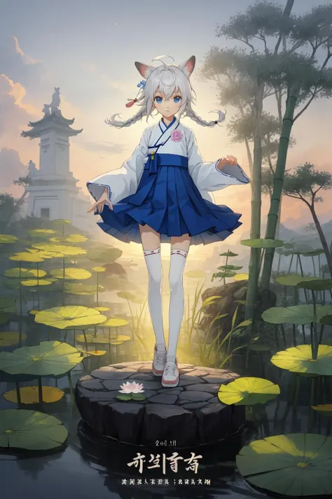 (masterpiece, album cover:1.3), 1girl, solo, Chinese painting style, zen garden, pond, bamboo, (kawaii, very cute, innocent, pure), ((very skinny:1.1, very skinny legs:1.25, long legs)), (fox ears:1.3), ahoge, (white hair), (bluie eyes), single braided hair, medium hair, wind blowing hair, white shirt, (hanbok:1.2), blue skirt, miniskirt, (midriff:0.2), flat chest, white thighhighs, white legwear, full body, standing, sneakers, hand in own hair, lotus leaf, standing on rock, lotus flower, wide sleeves, evening gradient, clouds, sunset,