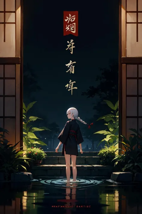 (masterpiece, album cover:1.3), chinese painting style, cinematic lighting,
1girl, solo, white hair, twin braids, red eyes, garden, skinny legs, wading, evening, dark,