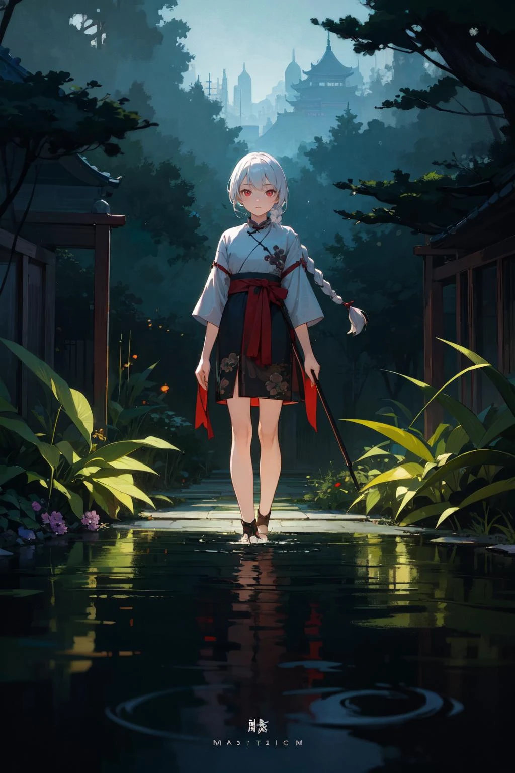 (masterpiece, album cover:1.3), chinese painting style, cinematic lighting,
1girl, solo, white hair, twin braids, red eyes, garden, skinny legs, wading, evening, dark,
