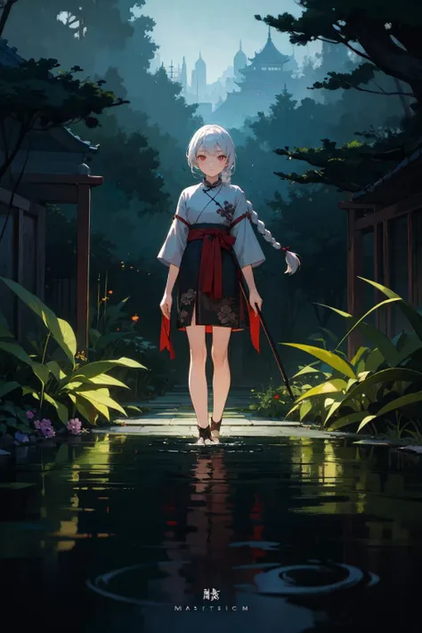 (masterpiece, album cover:1.3), chinese painting style, cinematic lighting,
1girl, solo, white hair, twin braids, red eyes, garden, skinny legs, wading, evening, dark,