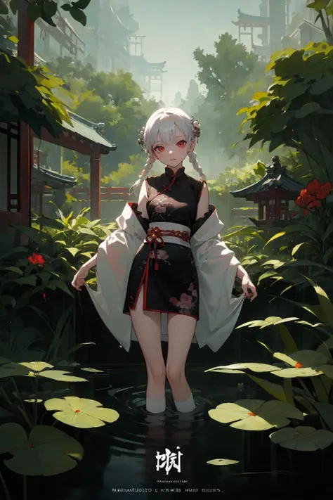 (masterpiece, album cover:1.3), chinese painting style, cinematic lighting,
1girl, solo, white hair, twin braids, red eyes, garden, skinny legs, kneehighs, wading, evening, dark,