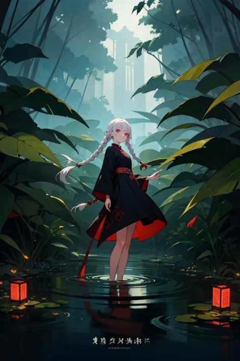 (masterpiece, album cover:1.3), chinese painting style, cinematic lighting,
1girl, solo, white hair, twin braids, red eyes, garden, skinny legs, wading, evening, dark,