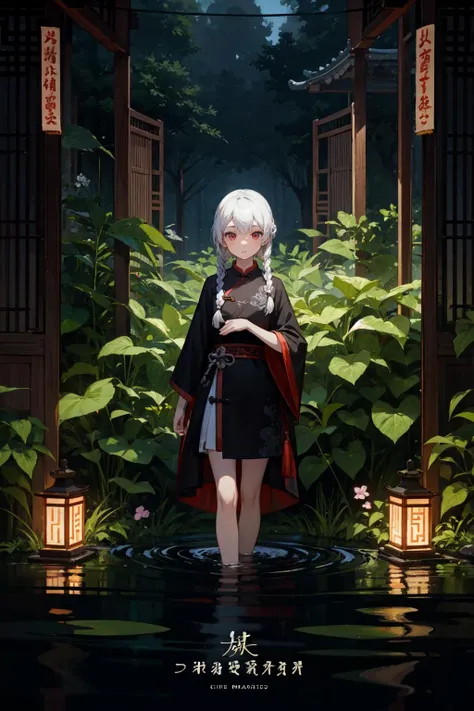 (masterpiece, album cover:1.3), chinese painting style, cinematic lighting,
1girl, solo, white hair, twin braids, red eyes, garden, skinny legs, wading, evening, dark,