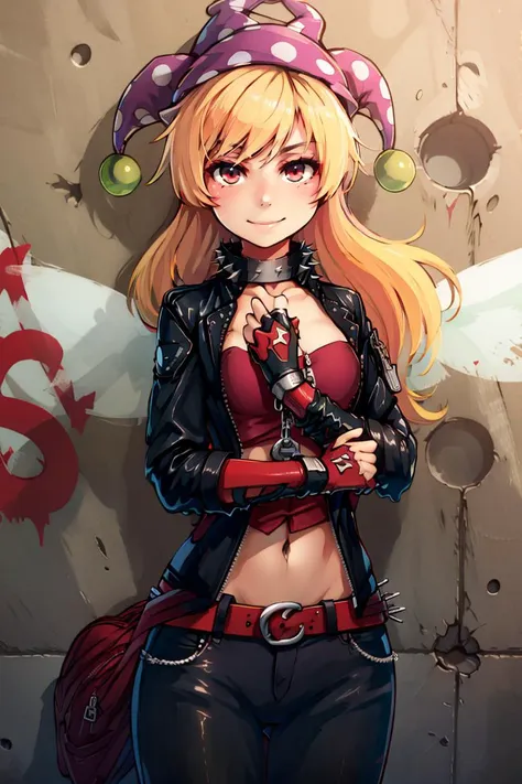 leather jacket, leather pants, strapless bra, black jacket, tight pants, black choker, zipper, fingerless gloves, biker clothes, spikes, unzipped, multiple belts, shiny clothes, high collar, CONCEPT_graffiti_wall_ownwaifu, (graffiti:1.2), brick wall,<lora:CONCEPT_graffiti_wall_ownwaifu-15:1> ((masterpiece,best quality)), absurdres, <lora:Clownpiece_Touhou:0.8>, Clownpiece_Touhou,  1girl, blonde hair, clownpiece, long hair, solo, hat, jester cap, fairy wings, wings,  solo, smiling, looking at viewer, cowboy shot,