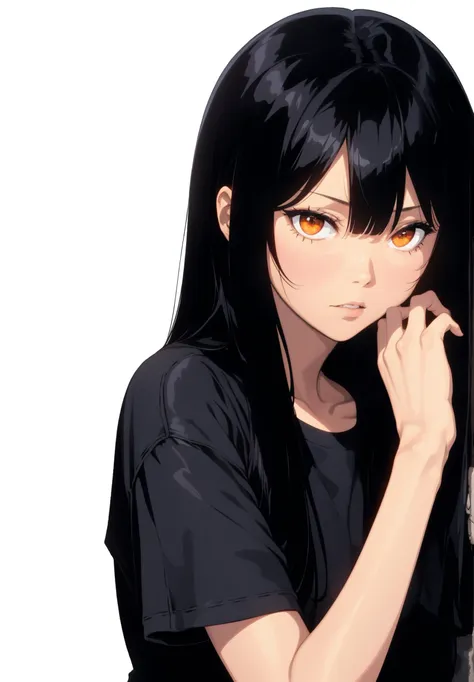 1girl, solo, (long black hair), orange eyes, BREAK
(looking at viewer)
absurdres, hdr, 4k, best quality, masterpiece, (white background, simple background)